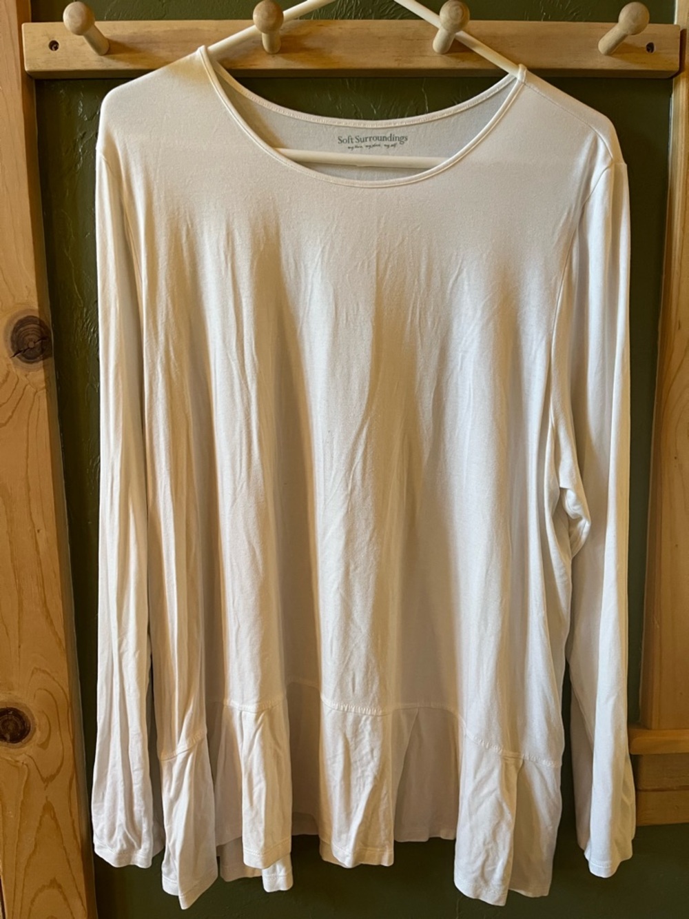 Soft Surroundings Cream Long-Sleeve Scoop Neck Ruffle Hem Top